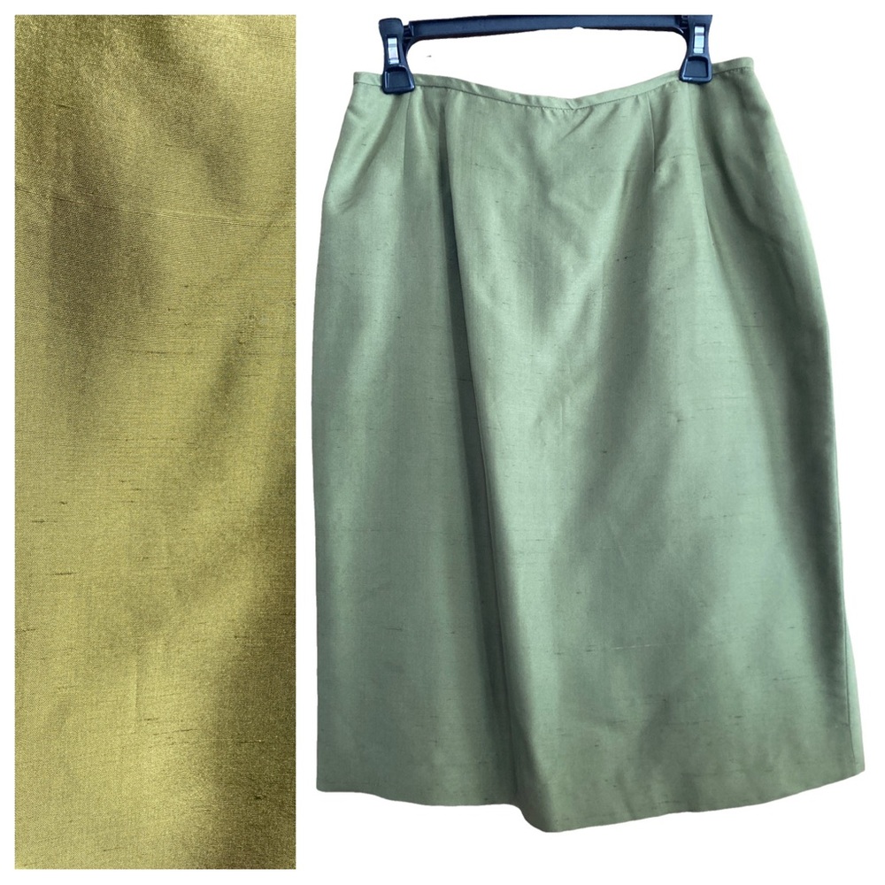Vintage Kasper A.S.L. 100% Raw Silk Fabric Olive Green Pencil Skirt Size 10 EUC